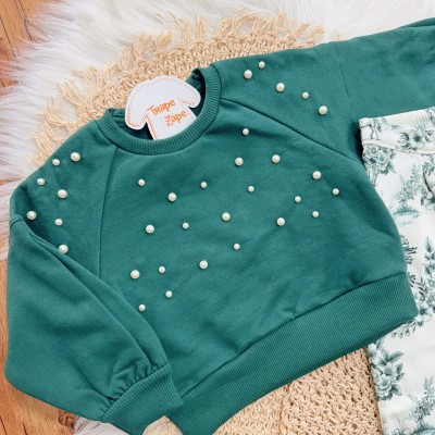 Conj. Casaco com Perolas e Calça de Moletom - Verde e Off White